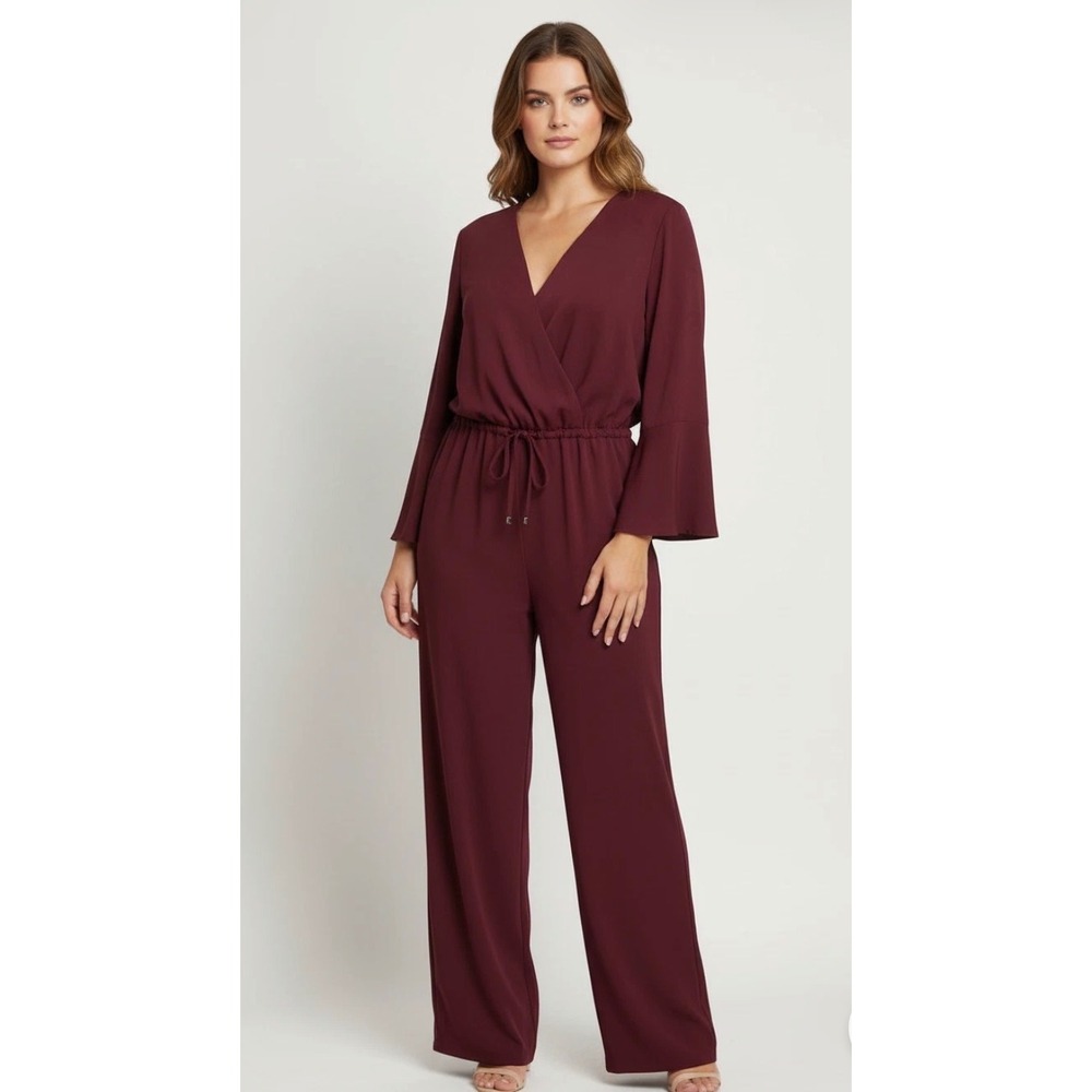 Ralph Lauren Burgundy Bell Sleeve Wide Leg Jumpsuit Sz 6 Drawstring Waist